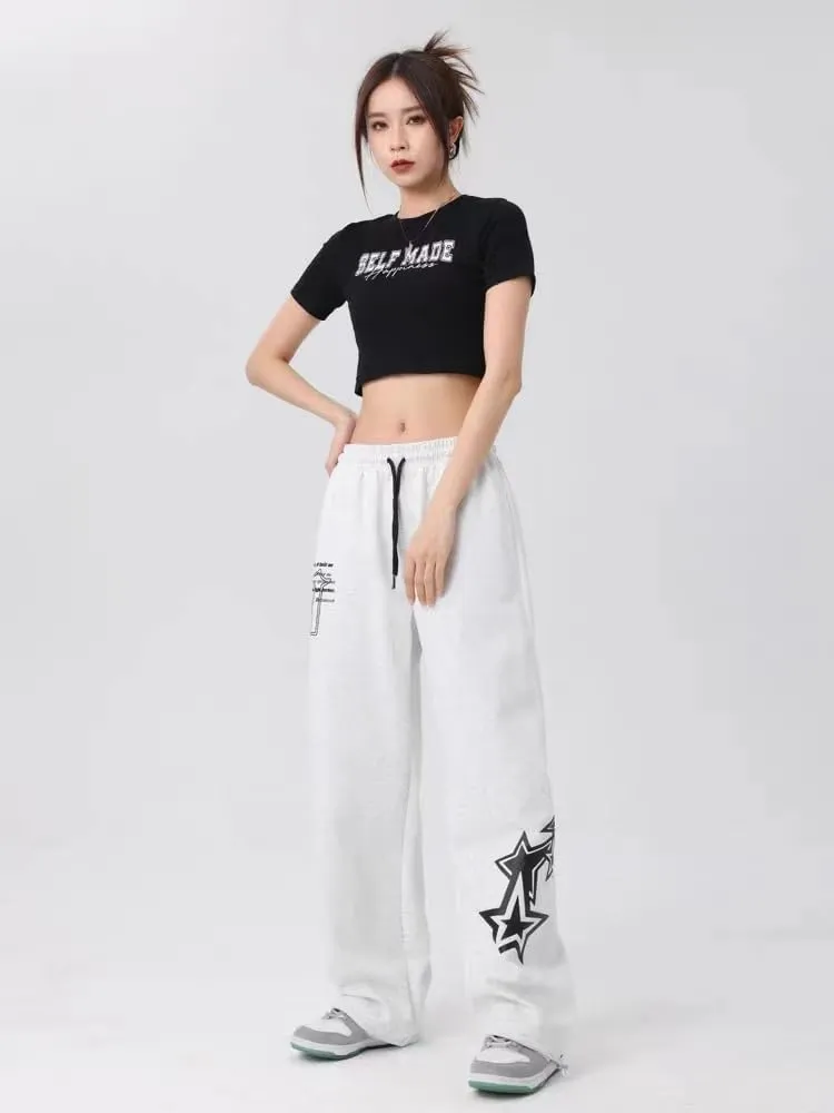 Pooyikoi Women Streetwear Sweatpants High Elastic Waist Loose Joggers Y2k Star Print Pants Harajuku Gothic Baggy Trousers