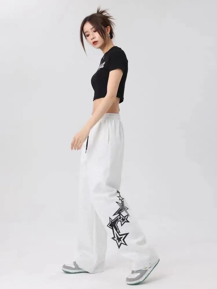Pooyikoi Women Streetwear Sweatpants High Elastic Waist Loose Joggers Y2k Star Print Pants Harajuku Gothic Baggy Trousers