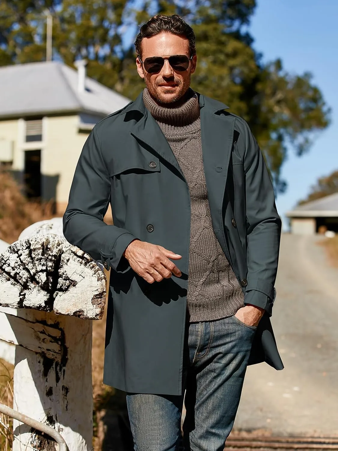 Pretifeel Mens Trench Coat Slim Fit Double Breasted Long Jacket Notched Lapel Belt Fall Windproof Coat
