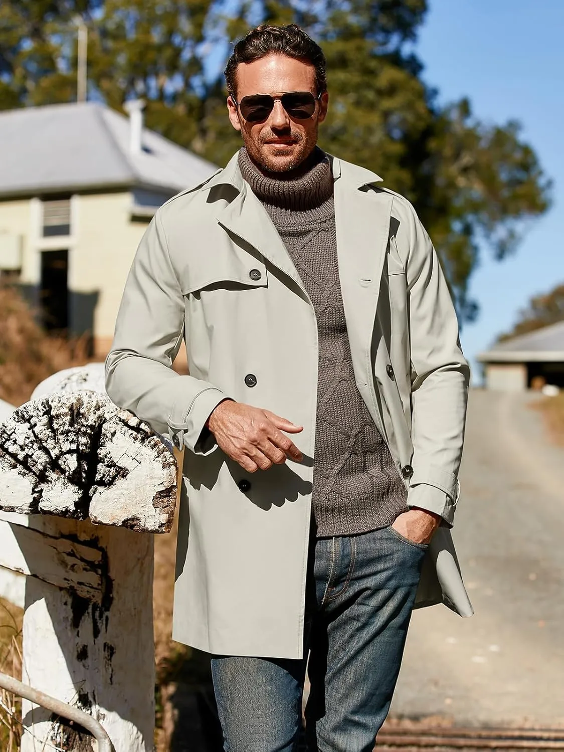 Pretifeel Mens Trench Coat Slim Fit Double Breasted Long Jacket Notched Lapel Belt Fall Windproof Coat