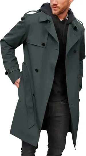 Pretifeel Mens Trench Coat Slim Fit Double Breasted Long Jacket Notched Lapel Belt Fall Windproof Coat
