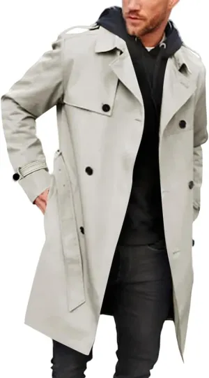 Pretifeel Mens Trench Coat Slim Fit Double Breasted Long Jacket Notched Lapel Belt Fall Windproof Coat