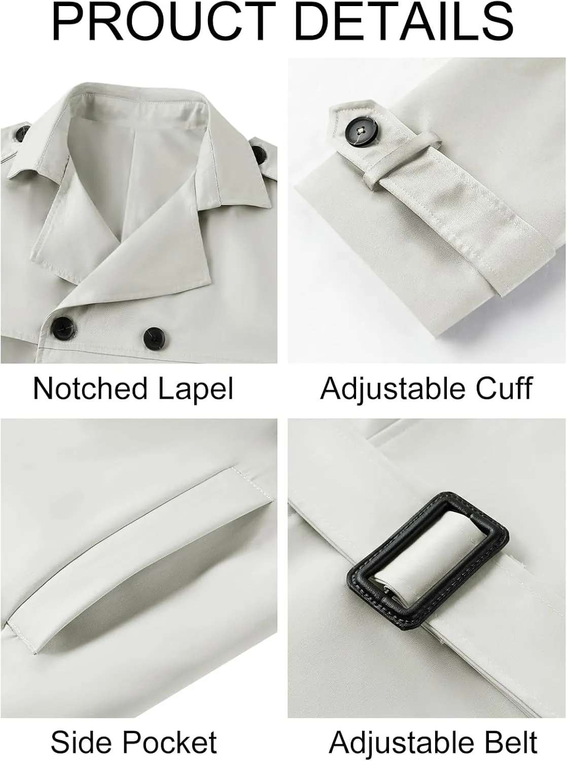 Pretifeel Mens Trench Coat Slim Fit Double Breasted Long Jacket Notched Lapel Belt Fall Windproof Coat