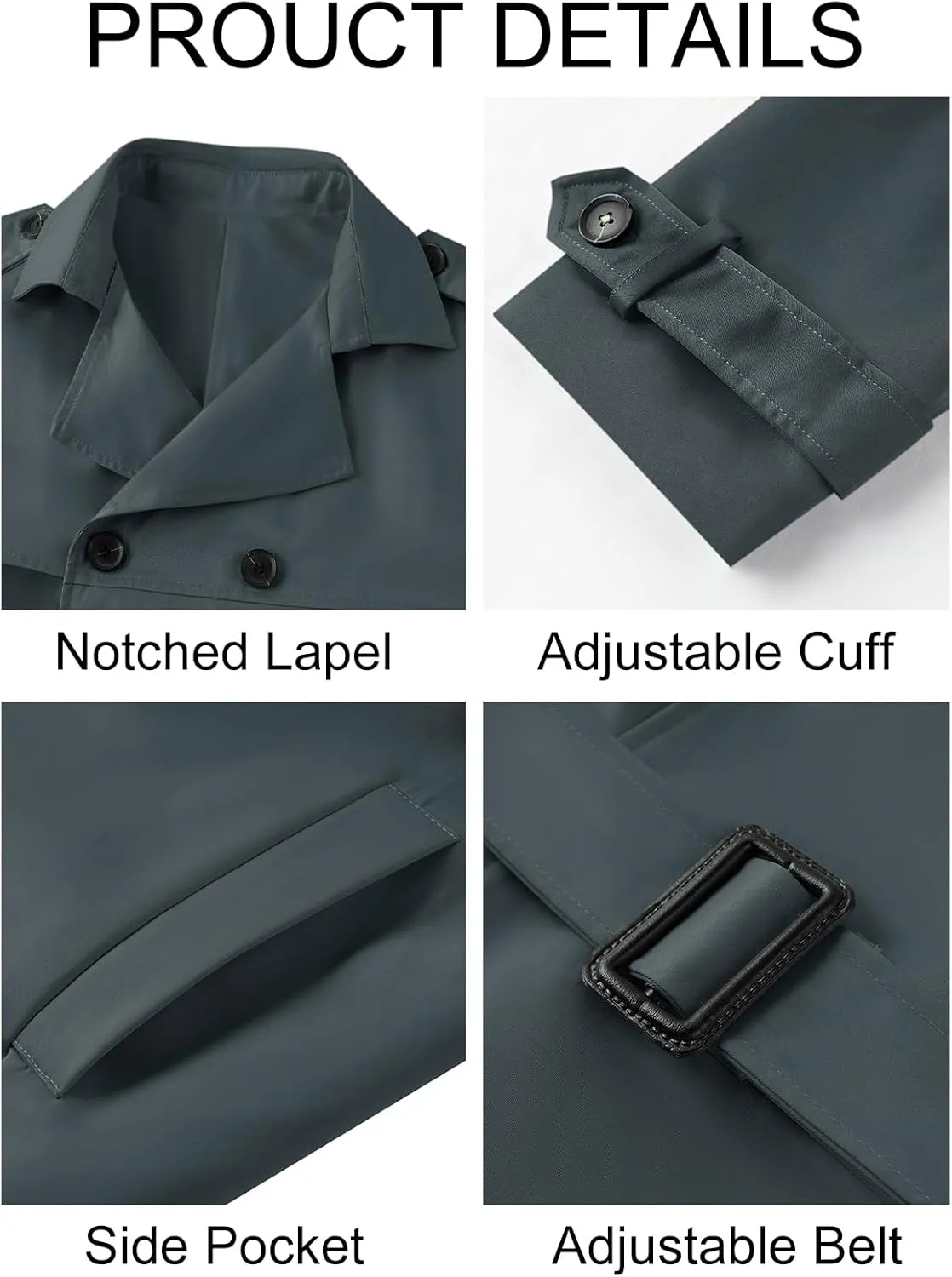 Pretifeel Mens Trench Coat Slim Fit Double Breasted Long Jacket Notched Lapel Belt Fall Windproof Coat