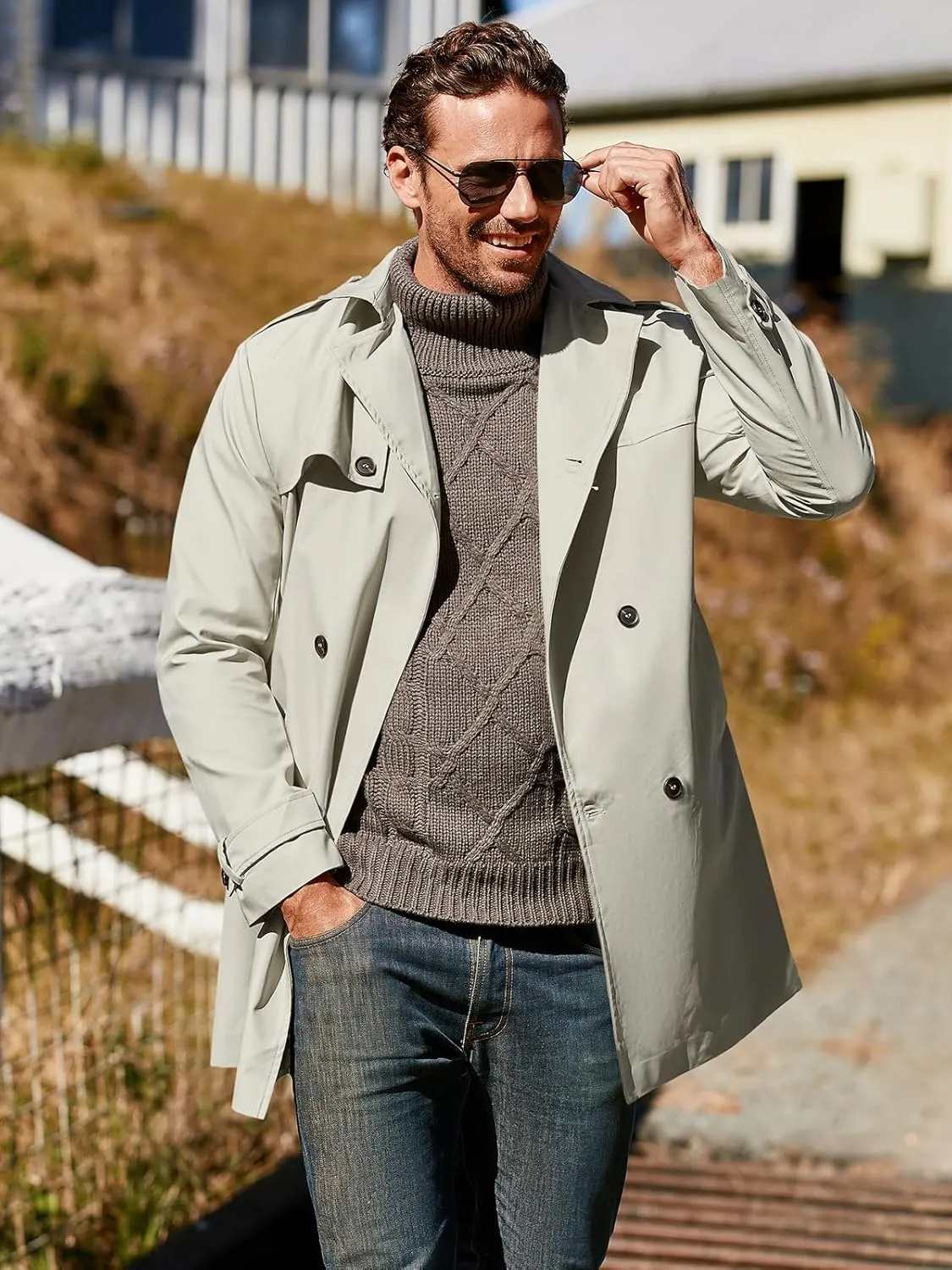 Pretifeel Mens Trench Coat Slim Fit Double Breasted Long Jacket Notched Lapel Belt Fall Windproof Coat