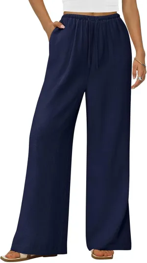 PRETTYGARDEN Summer Wide Leg Linen Pants Women with Pockets High Waist Drawstring Loose Casual Palazzo Lounge Pants Women