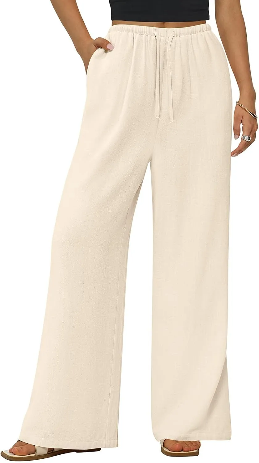 PRETTYGARDEN Summer Wide Leg Linen Pants Women with Pockets High Waist Drawstring Loose Casual Palazzo Lounge Pants Women
