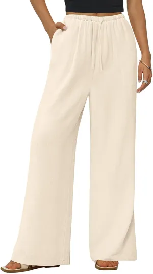 PRETTYGARDEN Summer Wide Leg Linen Pants Women with Pockets High Waist Drawstring Loose Casual Palazzo Lounge Pants Women