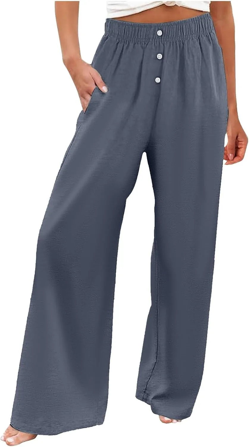 PTOLOCIF Cotton Linen Pants for Women Summer Drawstring Elastic Waist Pants Wide Leg Cropped Lounge Trousers with Pockets