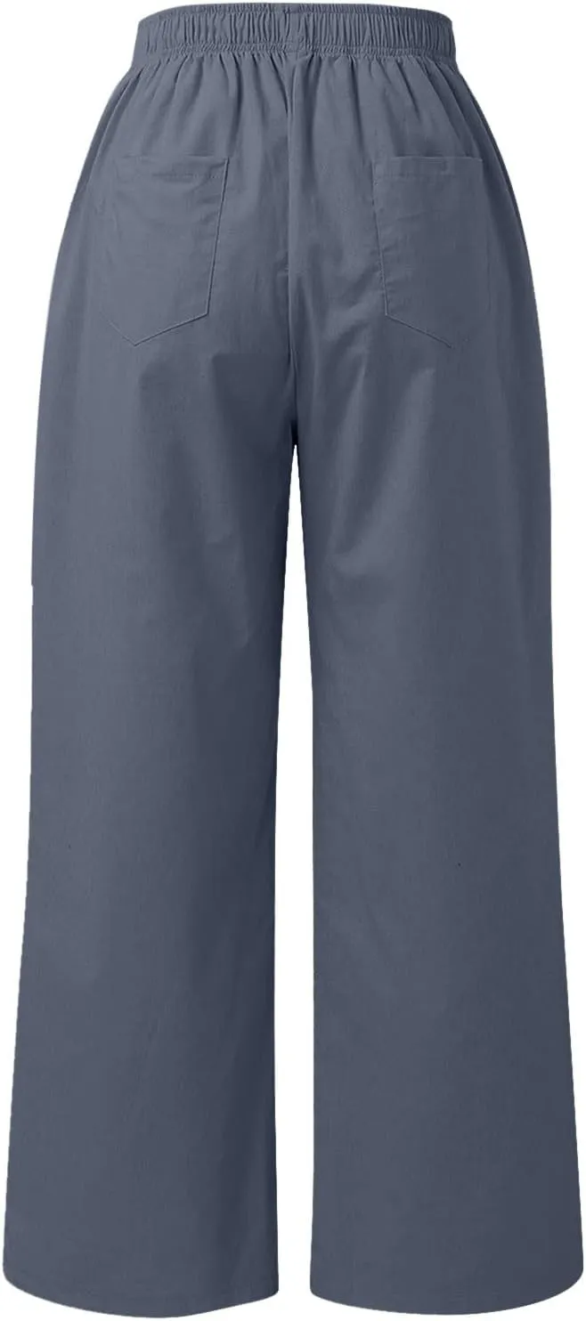PTOLOCIF Cotton Linen Pants for Women Summer Drawstring Elastic Waist Pants Wide Leg Cropped Lounge Trousers with Pockets