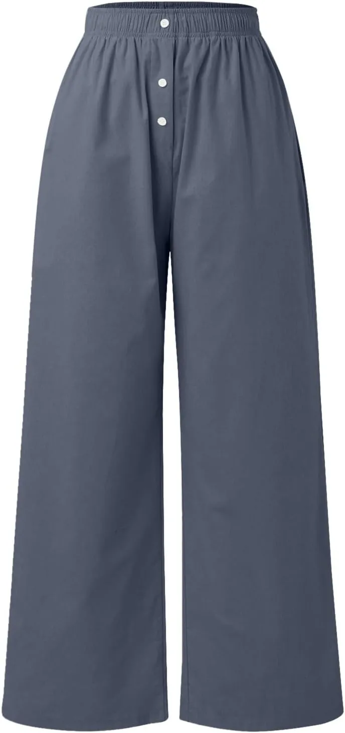 PTOLOCIF Cotton Linen Pants for Women Summer Drawstring Elastic Waist Pants Wide Leg Cropped Lounge Trousers with Pockets