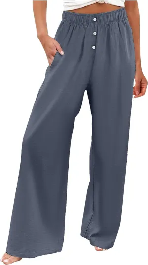 PTOLOCIF Cotton Linen Pants for Women Summer Drawstring Elastic Waist Pants Wide Leg Cropped Lounge Trousers with Pockets