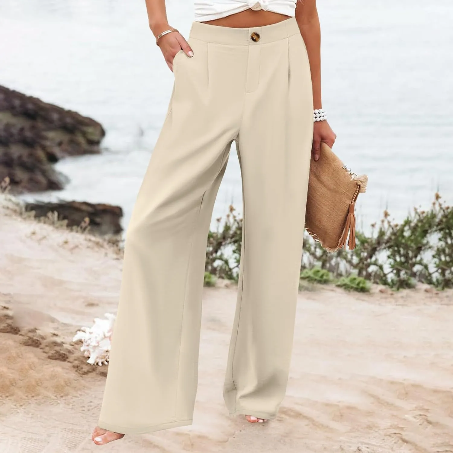 PTOLOCIF Palazzo Pants for Women,Baggy Linen Pants Summer Lightweight High Waist Palazzo Pants Loose Straight Leg Pants