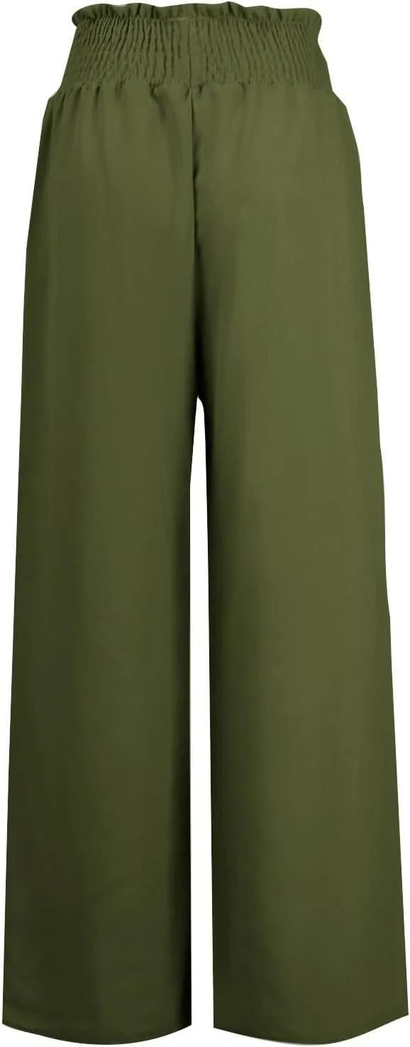 PTOLOCIF Women's Casual Cotton Linen Pants Drawstring Elastic Waist Palazzo Pants Casual Flowy Wide Leg Trousers with Pockets