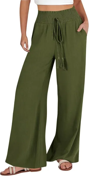 PTOLOCIF Women's Casual Cotton Linen Pants Drawstring Elastic Waist Palazzo Pants Casual Flowy Wide Leg Trousers with Pockets