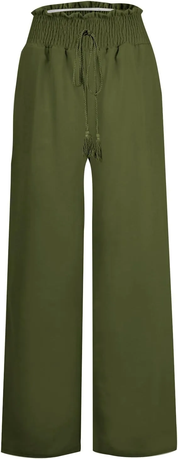 PTOLOCIF Women's Casual Cotton Linen Pants Drawstring Elastic Waist Palazzo Pants Casual Flowy Wide Leg Trousers with Pockets