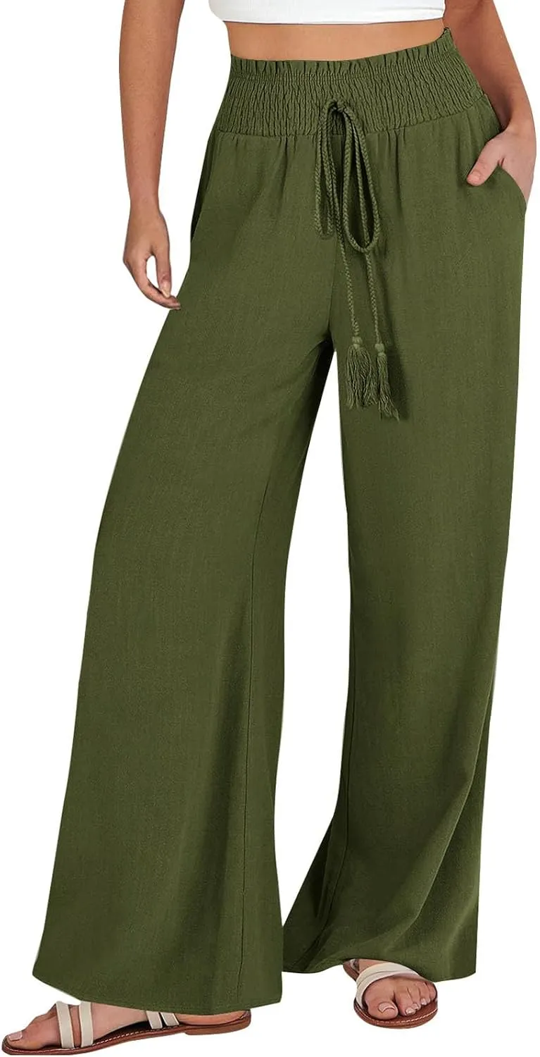 PTOLOCIF Women's Casual Cotton Linen Pants Drawstring Elastic Waist Palazzo Pants Casual Flowy Wide Leg Trousers with Pockets