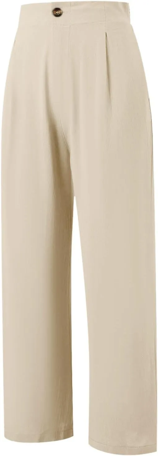 PTOLOCIF Womens Linen Pants Casual Elastic Waist Wide Leg Pants with Pockets High Waisted Drawstring Beach Pant Trousers