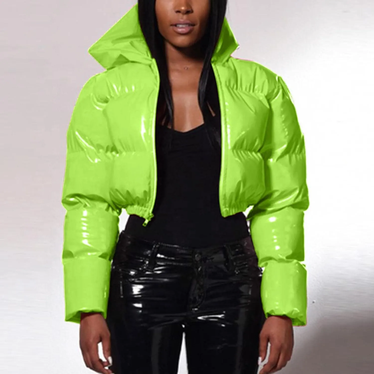 Puffer Jacket for Women Long Sleeve Y2K Full Zip Up Plain Shiny Short Hooded Down Coat Trendy Windproof Dowm Jacket Stand-up