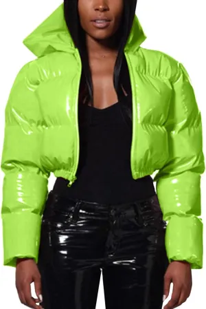 Puffer Jacket for Women Long Sleeve Y2K Full Zip Up Plain Shiny Short Hooded Down Coat Trendy Windproof Dowm Jacket Stand-up