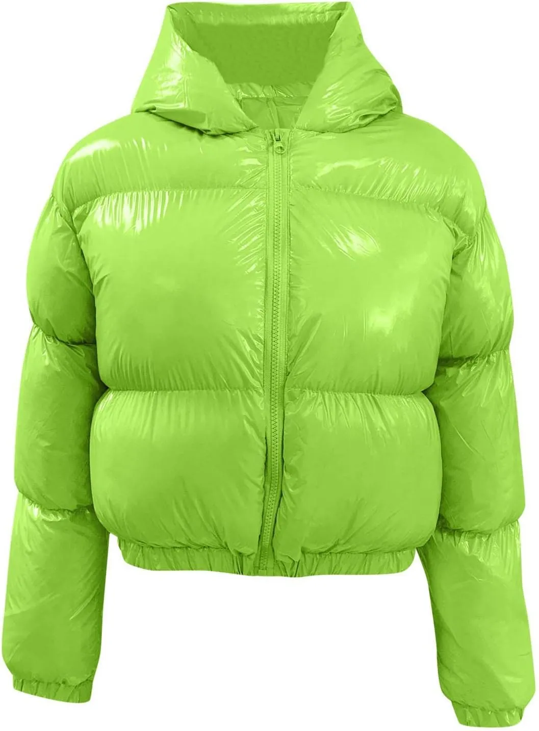Puffer Jacket for Women Long Sleeve Y2K Full Zip Up Plain Shiny Short Hooded Down Coat Trendy Windproof Dowm Jacket Stand-up