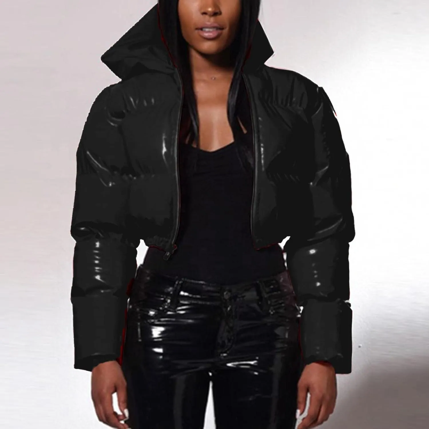 Puffer Jacket for Women Long Sleeve Y2K Full Zip Up Plain Shiny Short Hooded Down Coat Trendy Windproof Dowm Jacket Stand-up
