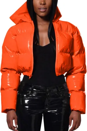 Puffer Jacket for Women Long Sleeve Y2K Full Zip Up Plain Shiny Short Hooded Down Coat Trendy Windproof Dowm Jacket Stand-up