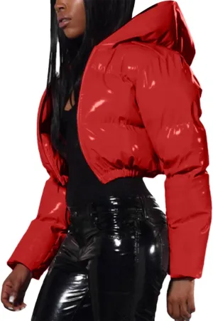 Puffer Jacket for Women Long Sleeve Y2K Full Zip Up Plain Shiny Short Hooded Down Coat Trendy Windproof Dowm Jacket Stand-up