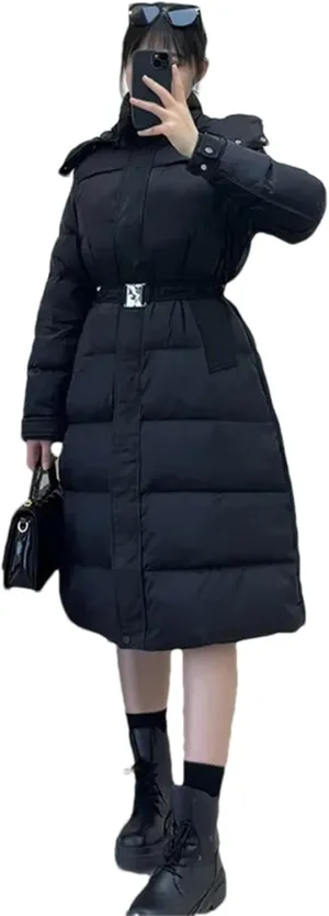 Pulcykp Women Down Jacket Winter High Waist With Belt Hooded Thicken Loose Long Duck Puffer Coat