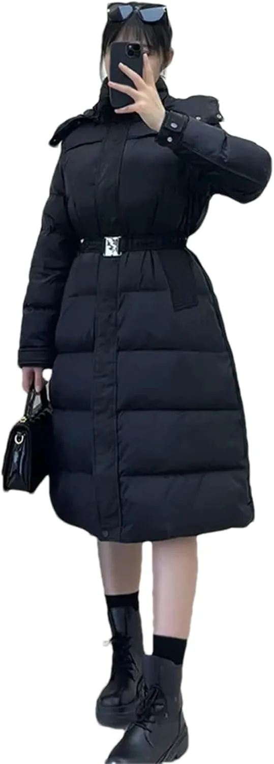 Pulcykp Women Down Jacket Winter High Waist With Belt Hooded Thicken Loose Long Duck Puffer Coat