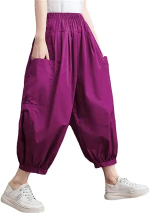 Pulcykp Women Linen Summer Harem Pants Cool Elastic Waist Cropped Trousers Wide Leg Bloomers