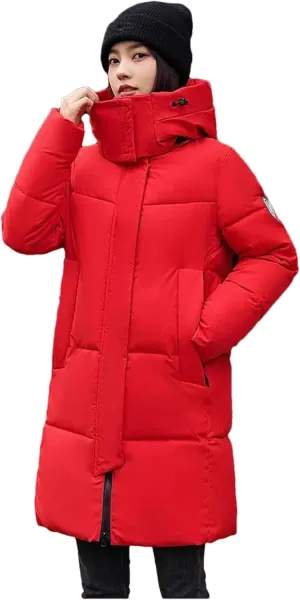 Pulcykp Women Thickend Down Cotton Jacket Winter Warm Mid-Length Cotton-Padded Warm Coat