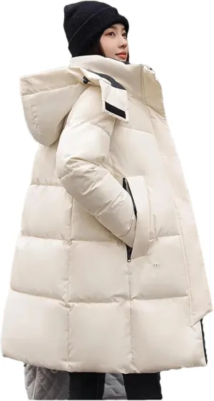 Pulcykp Women Thickend Down Cotton Jacket Winter Warm Mid-Length Cotton-Padded Warm Coat