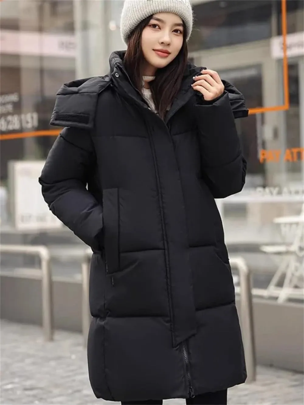 Pulcykp Women Thickend Down Cotton Jacket Winter Warm Mid-Length Cotton-Padded Warm Coat