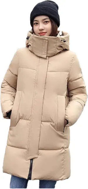 Pulcykp Women Thickend Down Cotton Jacket Winter Warm Mid-Length Cotton-Padded Warm Coat