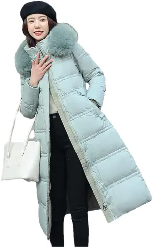 Pulcykp Women Winter Thickened Down Cotton-Padded Jacket Long Over-The-Knee Hooded Wool Collar Belt Coat