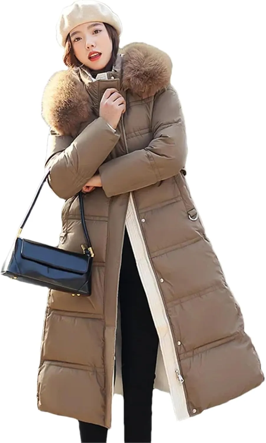 Pulcykp Women Winter Thickened Down Cotton-Padded Jacket Long Over-The-Knee Hooded Wool Collar Belt Coat