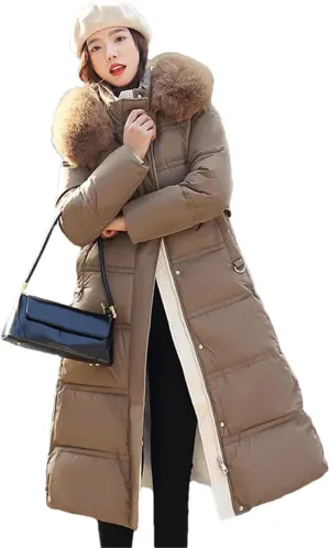 Pulcykp Women Winter Thickened Down Cotton-Padded Jacket Long Over-The-Knee Hooded Wool Collar Belt Coat