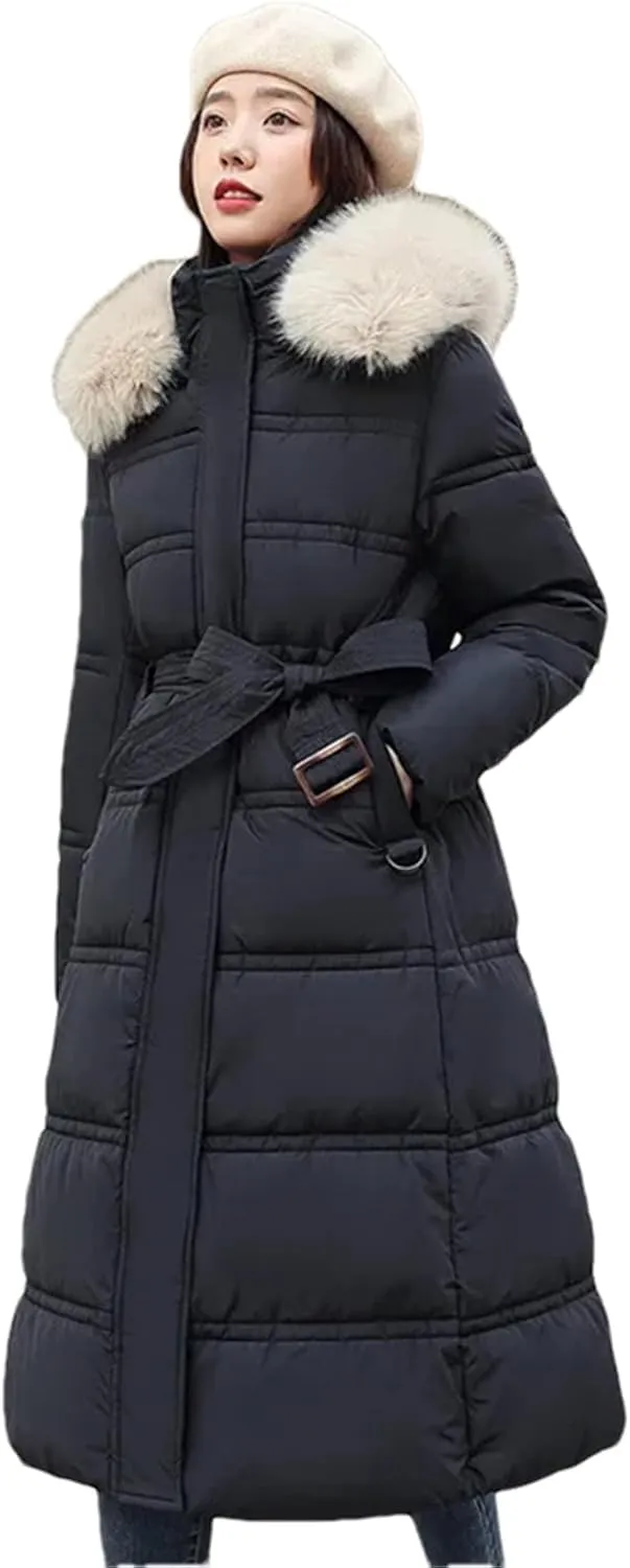 Pulcykp Women Winter Thickened Down Cotton-Padded Jacket Long Over-The-Knee Hooded Wool Collar Belt Coat