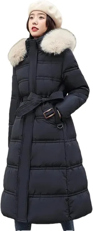 Pulcykp Women Winter Thickened Down Cotton-Padded Jacket Long Over-The-Knee Hooded Wool Collar Belt Coat
