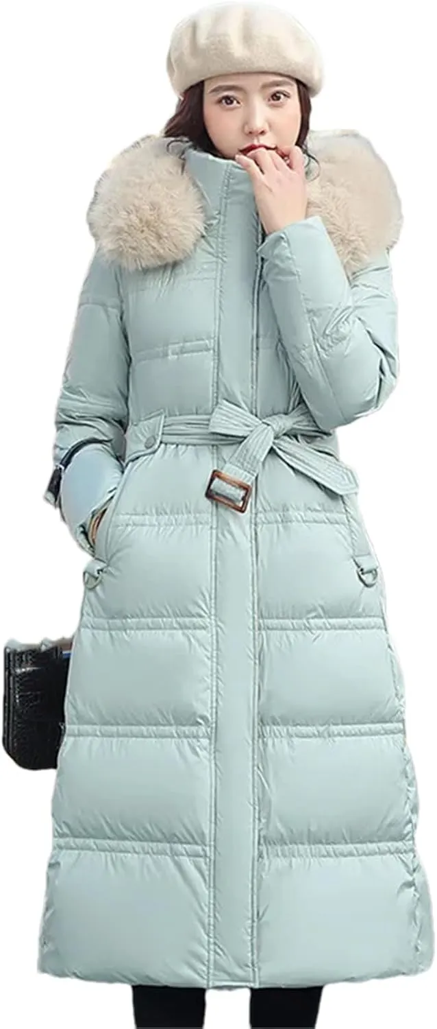 Pulcykp Women Winter Thickened Down Cotton-Padded Jacket Long Over-The-Knee Hooded Wool Collar Belt Coat