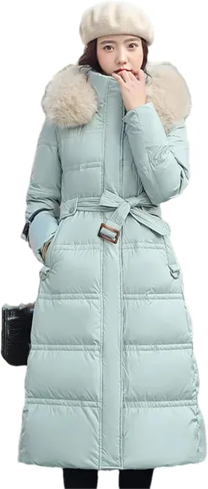Pulcykp Women Winter Thickened Down Cotton-Padded Jacket Long Over-The-Knee Hooded Wool Collar Belt Coat