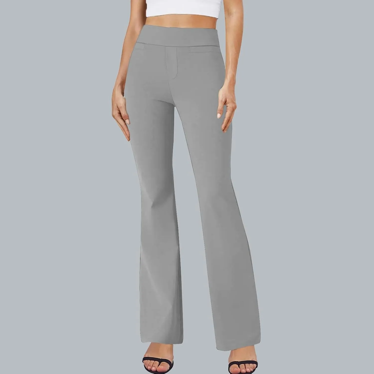 Pull On Dress Pants for Women Stretchy Office Work Bootcut Yoga Pants Business Casual Flare Leggings with Pockets