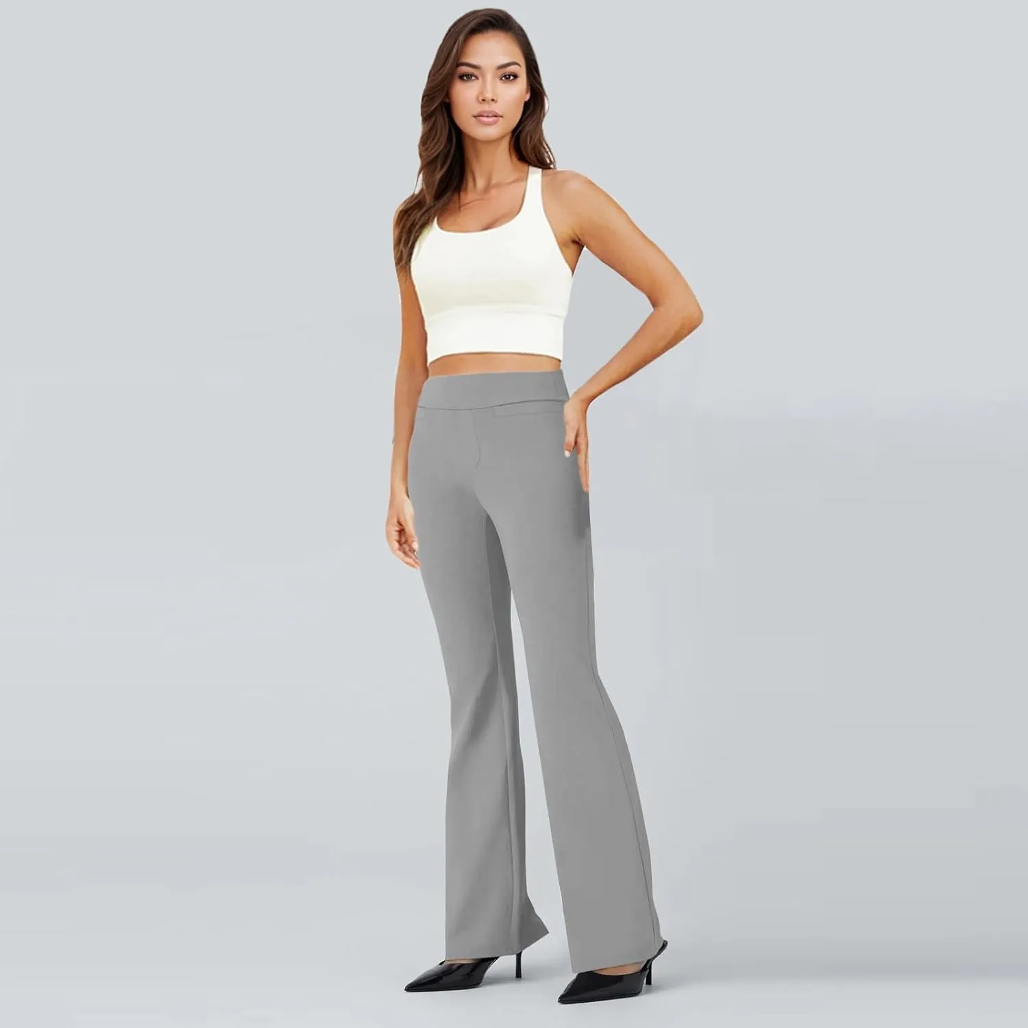 Pull On Dress Pants for Women Stretchy Office Work Bootcut Yoga Pants Business Casual Flare Leggings with Pockets