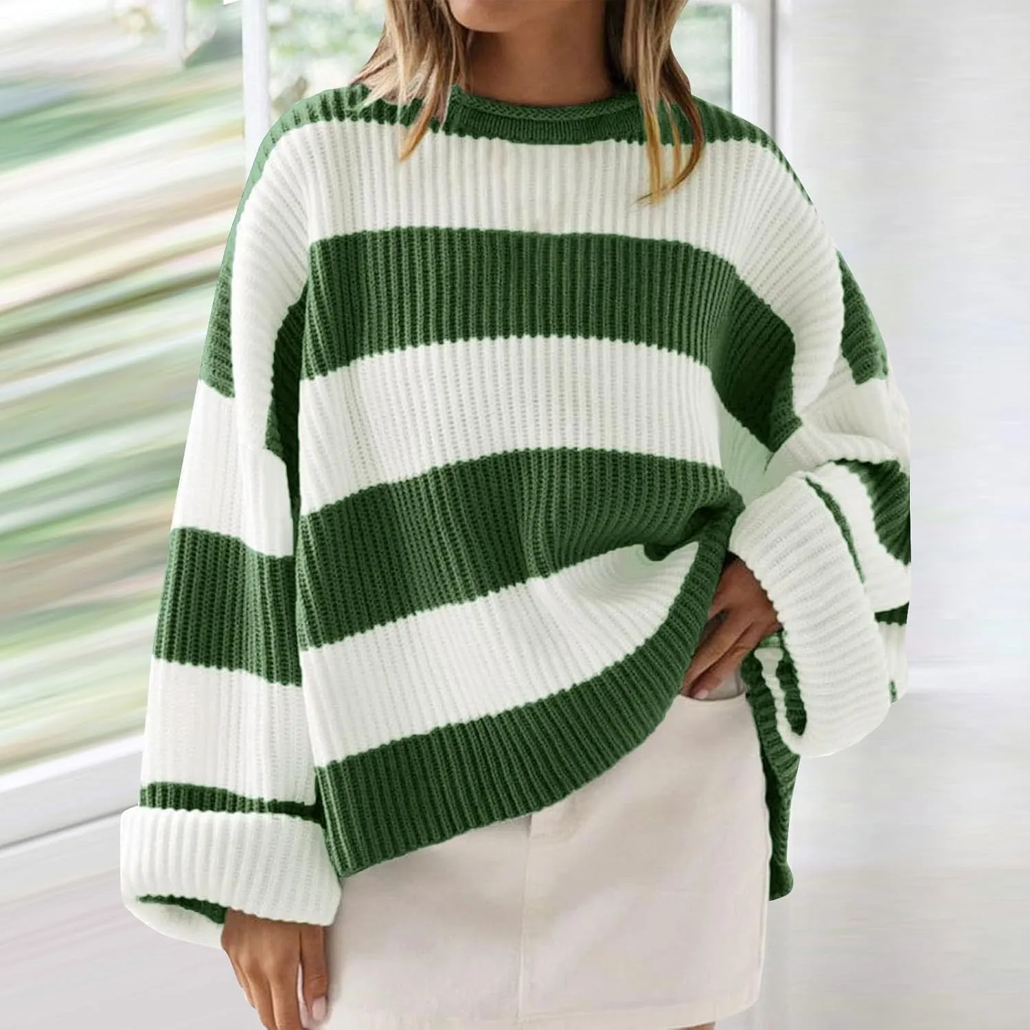 Pullover Sweaters for Women Cable Knit Color Block Sweater Crewneck Sweatshirt Long Sleeve Jumper Womens Fashion Top