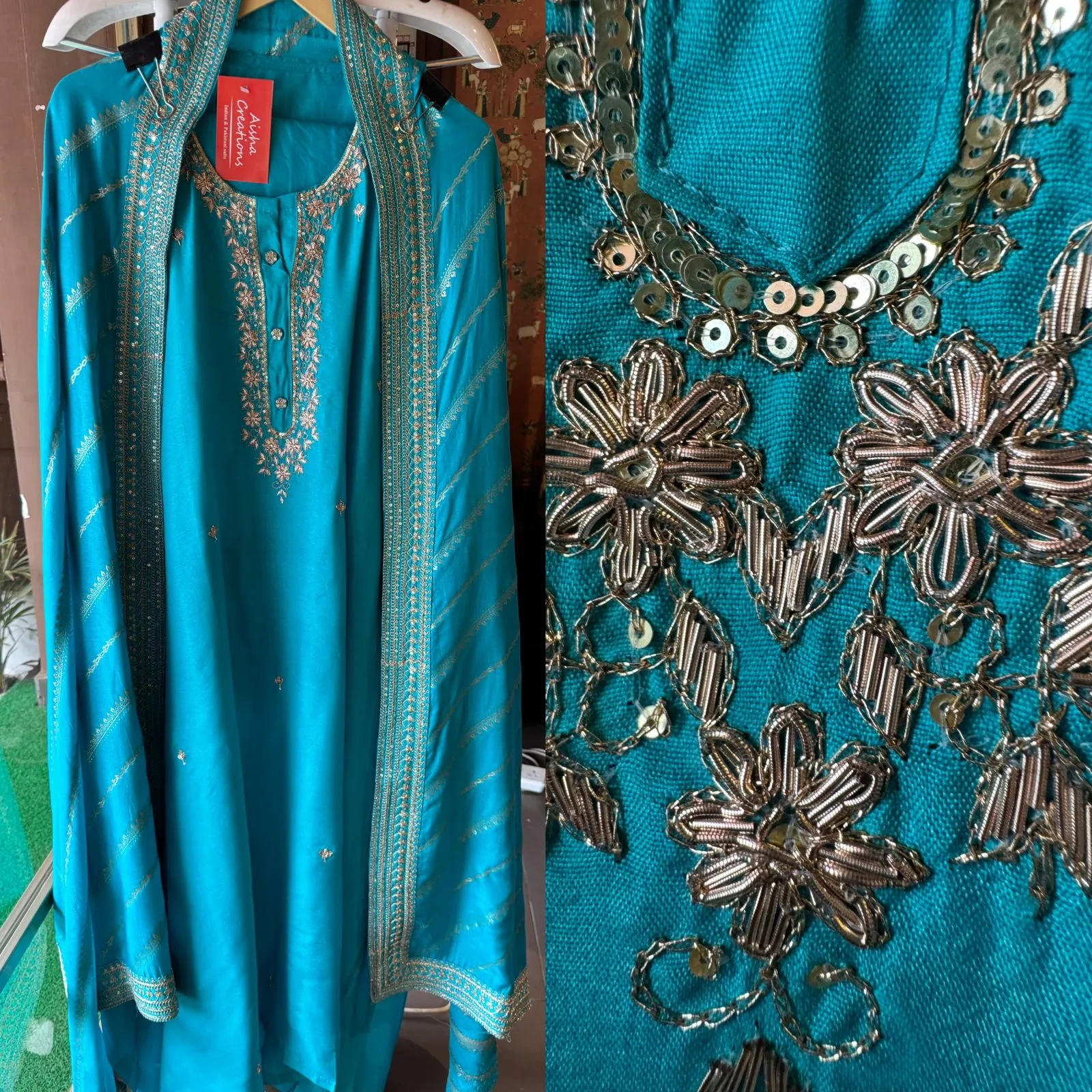 Pure russian silk unstiched shirt with beautiful hand embroidery on the neckline