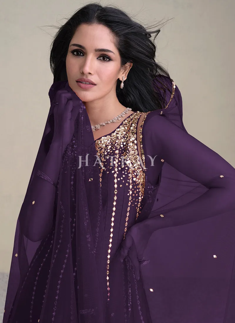 Purple Golden Sequins Embroidered Anarkali Pant Style Suit