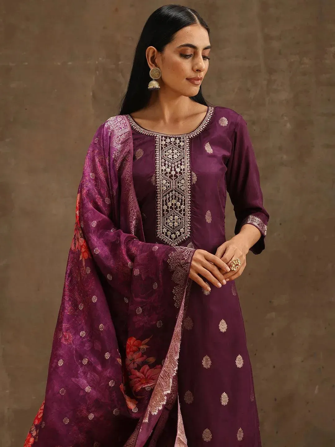 Purple Self Design Silk Straight Kurta With Trousers & Dupatta