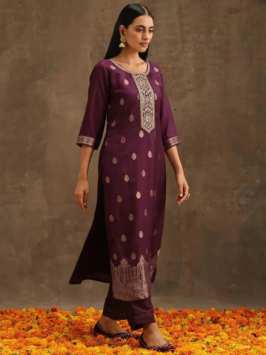 Purple Self Design Silk Straight Kurta With Trousers & Dupatta