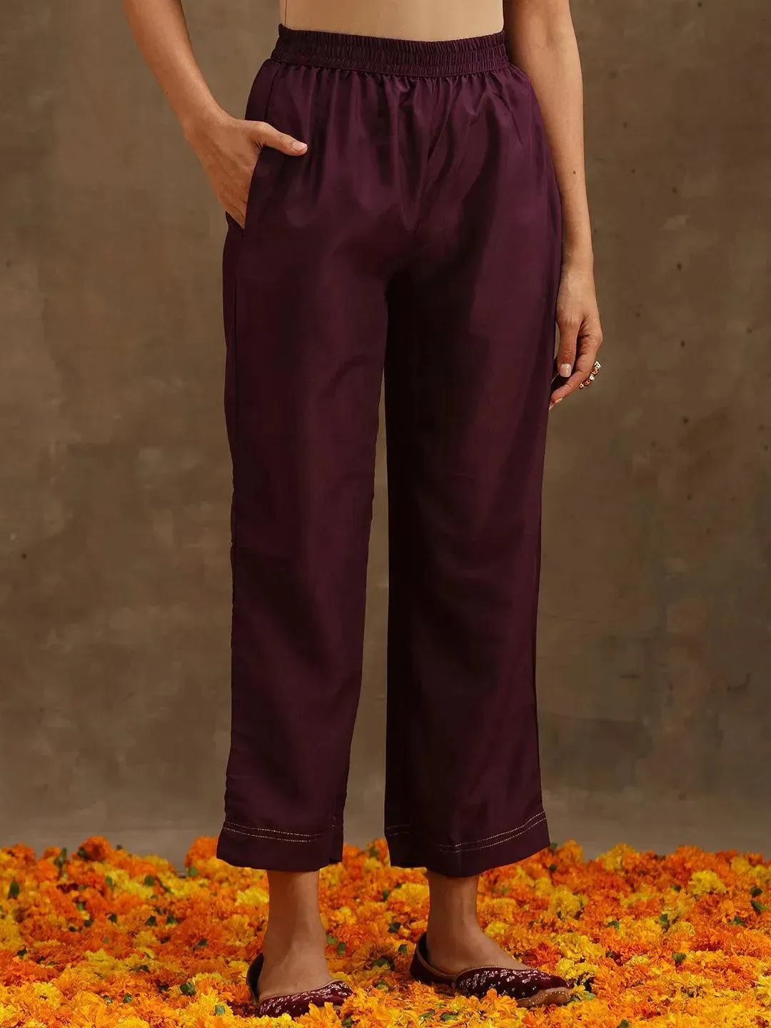 Purple Self Design Silk Straight Kurta With Trousers & Dupatta